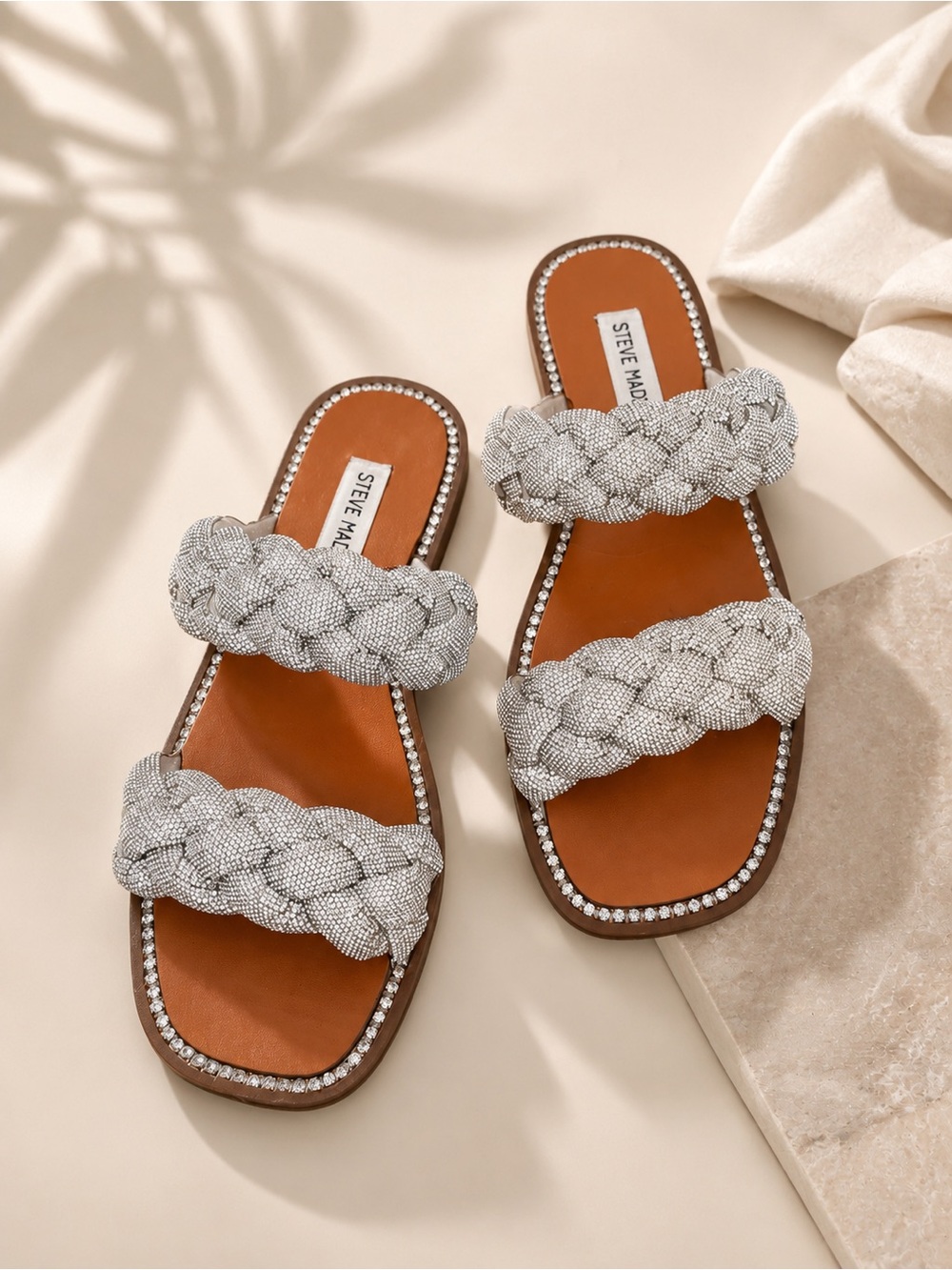 Steve Madden Braided Crystal Double Strap Sandals Silver Tan Rhinestone Slides